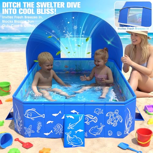 FizZeal Kiddie Pool with Canopy,Baby Swimming Pool for Toddler,Non-Inflatable Portable Pool for Kid,Foldable Toddler Pool with Shade,Kids Pool for Backyard.Outdoor Pop Up Kiddie Beach Pool 53"x40"x33'