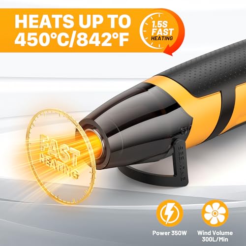 SEEKONE Mini Heat Gun, 350W 2-Temp Settings 500℉ & 842℉(260℃& 450℃) Fast Heat Hot Air Gun Tool with Reflector Nozzle and 4.9Ft Long Cable Overload Protection for Crafting, Vinyl Wrap and Shrink Tubing