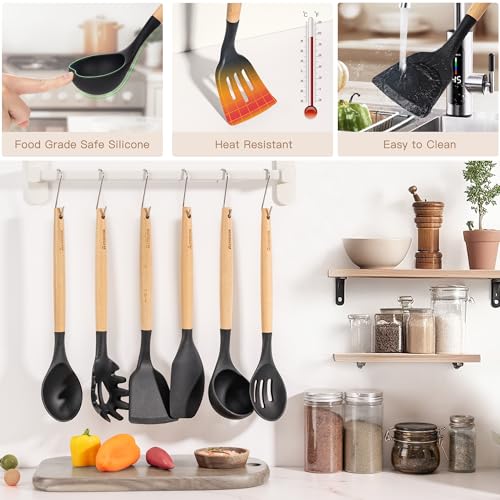 Astercook 39 PCS Kitchen Utensils Set, Silicone Cooking Utensils Set with Wooden Handle, 446°F Heat Resistant Food Grade Utensil Sets, BPA Free Kitchen Gadgets Tools Set for Nonstick Cookware (Black)