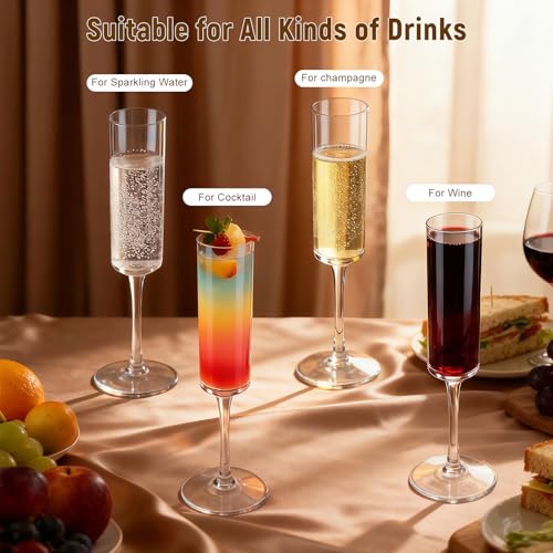 GuanQiao 24-Pack Plastic Champagne Flutes, 6oz Clear Square Disposable Toast Glasses, Heavy Duty Shatterproof Recyclable Wine Glasses for Party Wine Tasting Wedding New Years Eve Party Supplies