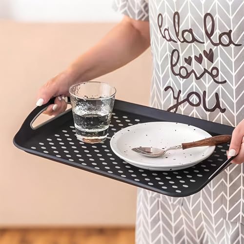 1PCS Large Non-Slip Serving Tray with Handles TV Lap Trays for Eating on Couch Food Serving Tray with Silicone Grippy Dots for Dinner Snack Fruit Dessert Breakfast (Black - 1pcs)