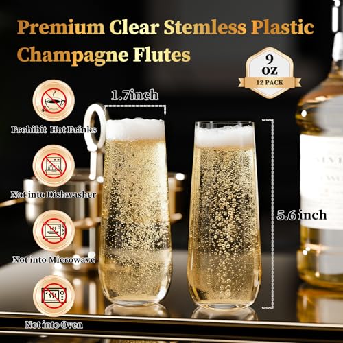 Guanqiao 12 Pack Stemless Plastic Champagne Flutes, 9 oz Clear Disposable Plastic Glasses, Heavy Duty Shatterproof Recyclable Mimosa Glasses for Party Wine Tasting Wedding New Years Eve Party Supplies