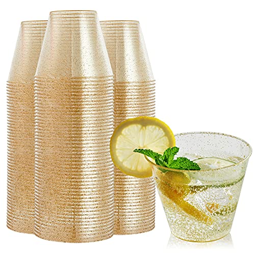 FOCUSLINE 9 oz Gold Plastic Cups, Disposable Clear Fancy Hard Plastic Cups, Gold Glitter, Heavy Duty, Reusable,100 Count