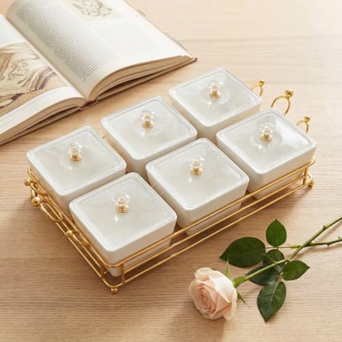 YA JU Ceramic Bowls and with Lid Gold Basket Trays, 6 Removable Small Bowls Condiment Trays Nut Serving Set for Snacks, Fruits, Candy and Condiments -Great for Parties, Holiday Gifts, White