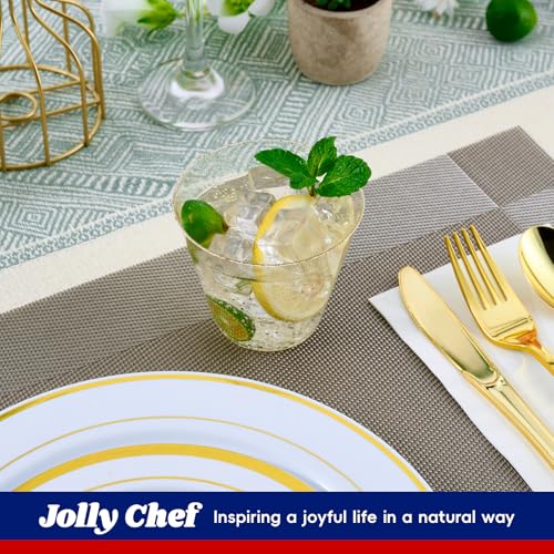JOLLY CHEF 50 Pack 9 oz Glitter Plastic Cups, Disposable Gold Cups, Clear Plastic Tumblers for Weddings Thanksgiving, Christmas Parties