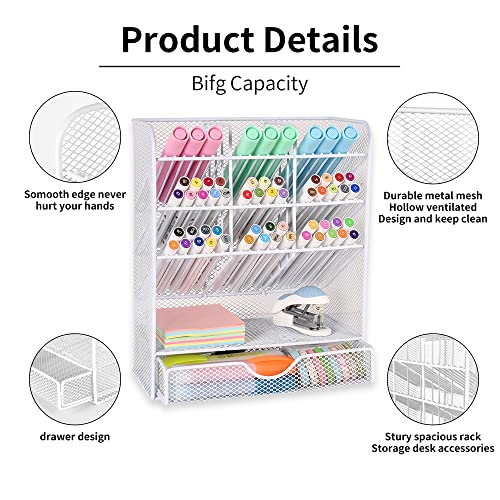 Spacrea Pen Holder Desk Organizer - Desk Organizers and Accessories, Pencil Holder with 10 Compartments and 1 Drawer(White)