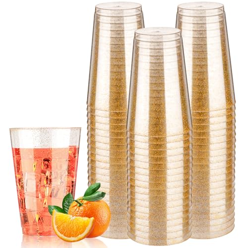 Goodluck 14 oz 50 PCS Gold Glitter Plastic Cups, Disposable Glitter Cups, Elegant Plastic Cocktail Glasses, Fancy Party Cups for Wedding, Birthday, Holiday