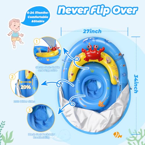 LAYCOL Baby Pool Float with Canopy UPF50+, 120°Adjustable Sun Protection and Anti-Tip Safety Seat, Inflatable Toddler Floaties Infant Pool Float with Animal Pool Toys, Baby Beach Essentials for 6-36M
