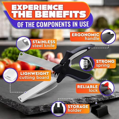 2 in 1 Kitchen Scissors for Food – Stainless Steel Blade & Plastic Cutting Board Scissors with Safety Lock | 9.5" Tomato Knife, Fruit & Vegetable Cutter – Easy-to-Use Kitchen Shears for Meat, Cheese