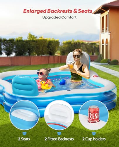 QPAU Inflatable Swimming Pool with 2 Seats and Backrests, 80" L x 80" W x 16.5" D Large Full-Sized Family Pools for Kids and Adults for Backyard, Garden, Outdoors, Clear Blue