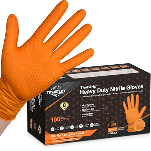 TitanFlex Heavy Duty Orange Industrial Nitrile Gloves with Raised Diamond Texture, Latex Free (6mil/8mil)