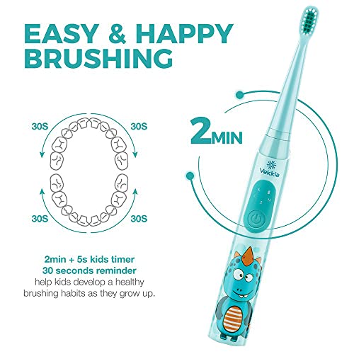 Vekkia Sonic Rechargeable Kids Electric Toothbrush, 3 Modes with Memory, Fun & Easy Cleaning, 24000 Strokes, IPX7 Waterproof, 2-Min Timer for Age 5+, 4 Soft Bristles(Blue)