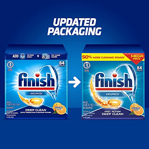 Finish Gelpacs Dishwasher Detergent Pods, Quick Dissolving Cleaning Power, Fights Grease & Dried-On Food, Easy-to-Use Pre-Measured Dishwasher Soap, Orange Scent, 84 Count