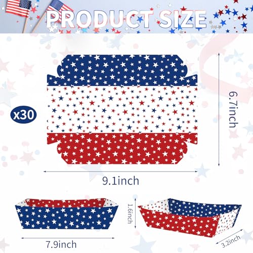 30 Pack Red, White, Blue Star Food Trays, Disposable Paper Serving Containers Boats for Popcorn, Snacks, Food Trucks, 4th of July, Memorial Day, BBQs, Patriotic Parties, Picnics, Summer Party Supplies