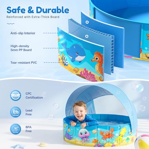Foldable Kiddie Pool with Canopy 47IN Toddler Baby Pool with Detachable UPF 50+ Shade, Carry Bag Hard Plastic Foldable Swimming Pool Portable Summer Water Play Pool for Outdoor Backyard Beach