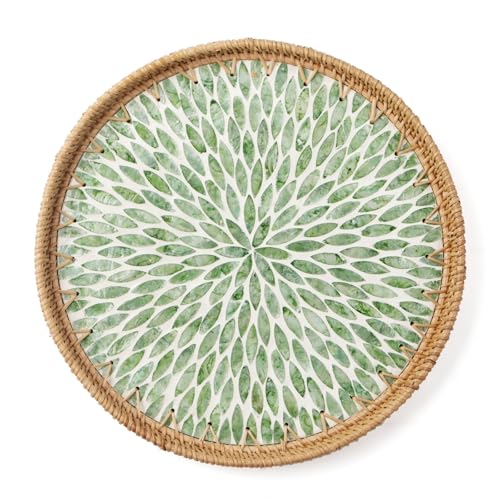 Round Rattan Tray with Mother of Pearl Inlay, Decorative Wicker Serving Tray with Wooden Base, Woven Basket Trays for Bread Fruits Coffee, Leaf