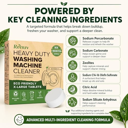 Renuv® Heavy Duty Washing Machine Cleaner Descaler Tablets - for Front Load, Top Load Washer, HE (6 XL Tablets - 6 Months Supply)