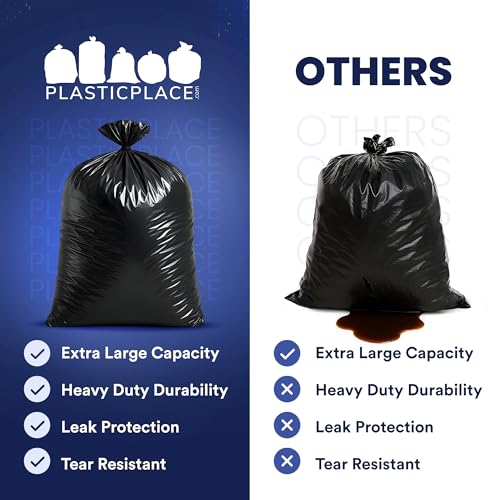 Plasticplace 64-65 Gallon Black Trash Bags, Heavy Duty Toter Can Liners, Tear & Leak-Proof, Industrial Strength, 25 Count, Large Garbage Bags for Kitchen & Commercial Use 1.2 Mil, 50" x 60"