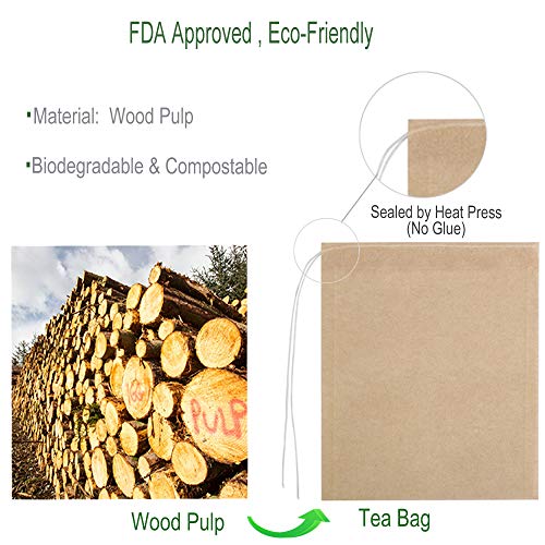 Eco-Fil Disposable Tea Filter Bags for Loose Tea, Wood Pulp Material, Biodegradable and Compostable, Unbleached Empty Tea Infuser Sachets with Drawstring, 100 Pack (3.2inch x 4.0inch)