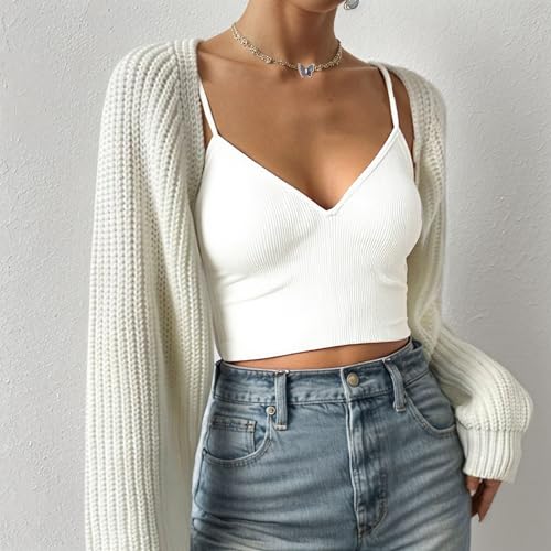 Women Open Front Ribbed Knit Crop Bolero Drop Shoulder Long Sleeve Solid Loose Fit Knitted Crop Cardigan Shrug