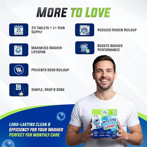 True Fresh Washing Machine Cleaner Tablets 25 Pack for Front Load, Top Load & HE Washers, Helps Remove Odor-Causing Residue, Limescale & Grime, Deep Cleans Drum, Pump, Valve & Hoses, Septic Safe