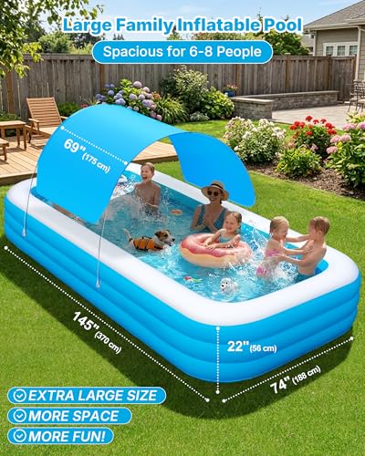 Extra Large Inflatable Pool for Adults and Kids, 145" x 74" x 22" Blow Up Pool for Family, Oversized Inflatable Pools with Canopy & Pump, Large Inflatable Swimming Pool for Backyard Outdoor