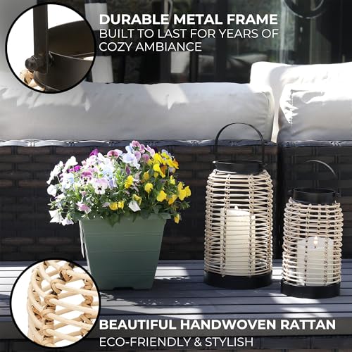 Natural Rattan Boho Lanterns - Handcrafted Chic Decor to Enhance Your Home - Modern Farmhouse Beauty Perfect for Any Living Room, Patio & Porch, Indoor and Outdoor Coffee Table or Kitchen Dining Table