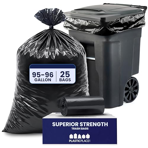 Plasticplace 95-96 Gallon Garbage Can Liners Heavy Duty 1.5 Mil Black Trash Bags Tear-Resistant Outdoor Garbage Bags for Rollaway Bins Large 61" x 68" Industrial-Strength Waste Bags (25 Count)