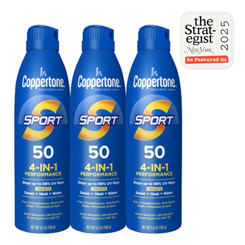 Coppertone Sport Sunscreen Spray SPF 50, Sweat, Heat and Water Resistant Sunblock, Lightweight, Oxybenzone Free, Spray Sunscreen Bulk Pack, 5.5 Oz Bottle, Pack of 3