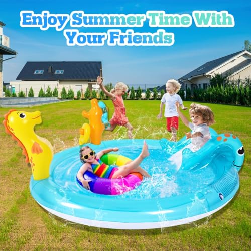 Sea Animal Inflatable Kids Pool with Slide and Sprinkler, Inflatable Play Center with Rings & Animal Figures, 78"x59.5"x15.5" Kiddie Pool for Summer Outdoor Backyard