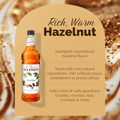 Monin - Hazelnut Syrup, Nutty Taste of Caramelized Hazelnut, Natural Flavors, Great for Mochas, Lattes, Smoothies, Shakes, and Cocktails, Non-GMO, Gluten-Free (1 Liter)