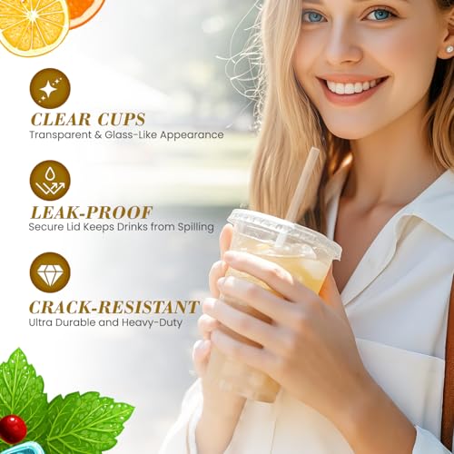 Ginkgo 100-Pack 20oz Clear Plastic Iced Coffee Cups with Lids and Straws, Leak-Proof & Sturdy Disposable To Go Cups for Smoothies, Milkshake, Cold Beverages, Coffee Bar Accessories