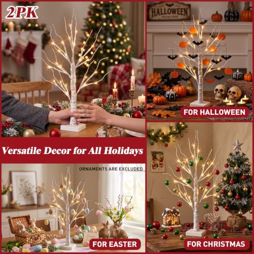 PEIDUO Christmas Decorations, 2FT Birch Tree with LED Lights, Warm White Light up Tree Lamp, Artificial Trees for Home Table Inside, Battery Powered
