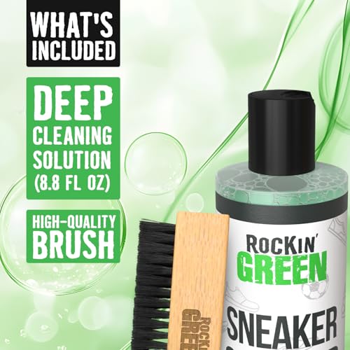 Rockin'Green Shoe Cleaning Kit - Shoe Cleaner Sneakers Solution with Brush Included - Sneaker Cleaner Kit Safe for Mesh, Nubuck, Leather, Suede - Deep Refresh Care Kit (8.8fl oz)
