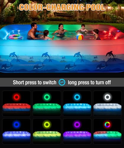 Extra Large Inflatable Pool with Lights - 145" x 74" x 22" Swimming Pool for Adults with Solar Powered, Blow Up Pool for Backyard (Air Pump Not Included)