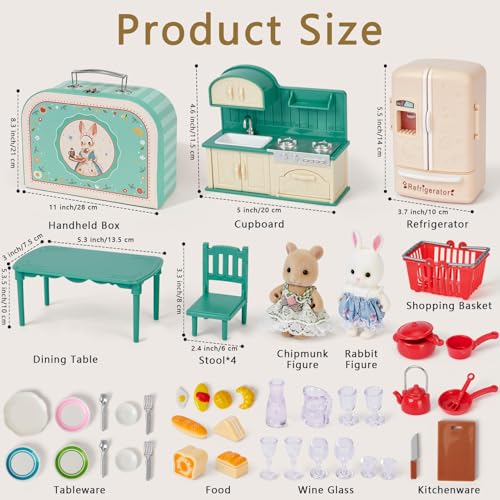 Dollhouse Kitchen Furniture Suitcase Set for Kids, 2 Flexible Dolls/Dining Tble/Kitchenware/Tableware/Refrigerator/Bread, Pretend Play Dollhouse