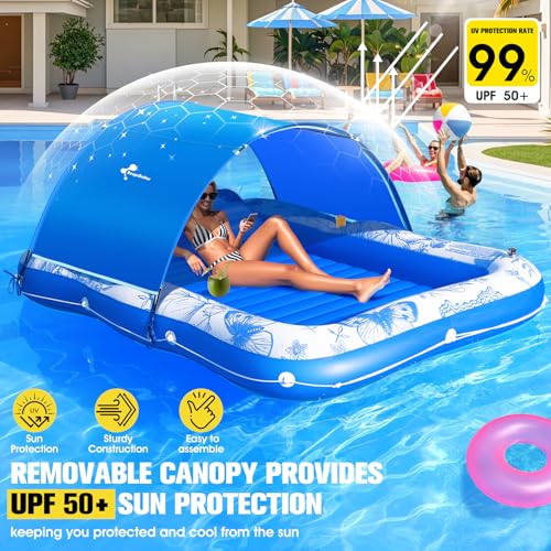 Inflatable Tanning Pool Lounger with Canopy,81"x 60" Large Tanning Floats for Adults, Butterfly Pool Lounger Float,Blow Up Tanning Water Bed with Cup&Phone Holder,Adults Tanning Pools for Backyard