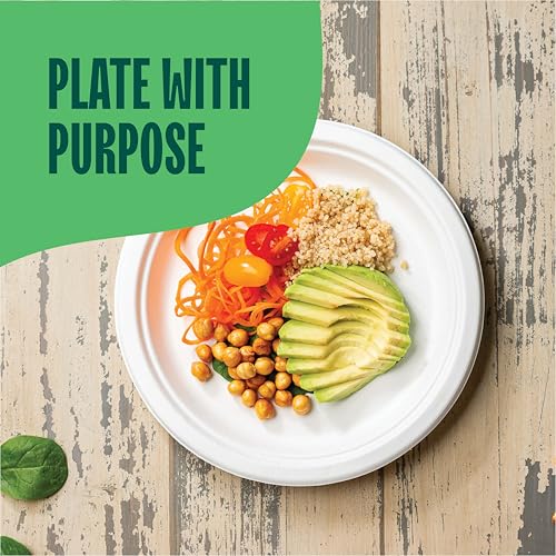 100% Compostable Paper Plates, Heavy Duty Disposable Plates 125-Pack 9 Inch Plates - Eco-Friendly, Biodegradable Sugarcane Bagasse - White Sturdy