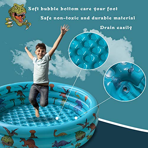 Dinosaur Inflatable Kiddie Pool, Blow Up 3-Ring Round Baby Play Center for Inside or Outdoor, Toddler Ball Pit/Fishing/Toys - 57'x15'