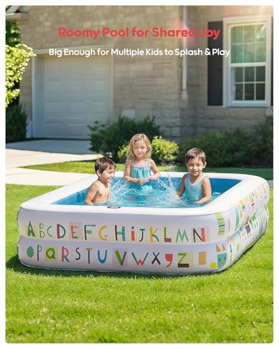 QPAU Kiddie Pool – 65" x 39" Inflatable Pool for Kids & Toddlers, Ball Pit & Baby Pool with Soft Floor, Educational Alphabet & Number, Durable Outdoor Play Toys for Backyard & Indoor Fun (Blue)