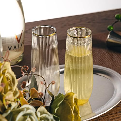 HOMIP 36pcs Plastic Champagne Flutes with Gold Rim - 9oz BPA-free Disposable Champagne Glasses, Ribbed Ripple Design for Weddings, Parties, Bars & Events (Stemless, Durable)
