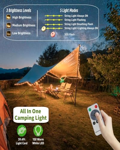 Solar Camping String Lights, 4 in 1 Remote 39.4 FT Christmas Fairy Lights