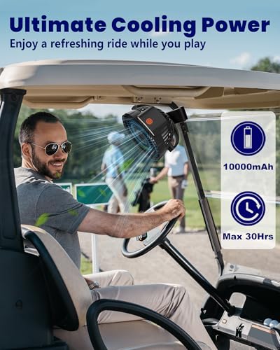 10000mAh Clip on Fan, 8-Inch Golf Cart Fan Rechargeable with LED Light, 9 Speeds Strong Airflow, Ultra Quiet, 30Hrs Runtime, 360° Rotation, Cooling for Bed Camping Office Desk Dorm, Black