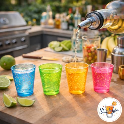 Stumbelina 100 COUNT (1 oz) NEON SPARKLE | PLASTIC SHOT GLASS CUPS | BRIGHT MULTI-COLOR Variety Pack | Disposable Party Mini Cups | Perfect for Jello Shots, Dessert Shooters, Parties, Weddings, Bars