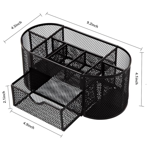 Comix Mesh Pen Pencil Holder Desk Organizer, 8 Compartment and 1 Drawer Wire Desktop Pen Pencil Cup Caddy Office Supplies Accessories for Home Office School, Black