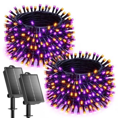 Brightown 2 Pack Solar Halloween Lights, 144ft 400 LED, Orange & Purple