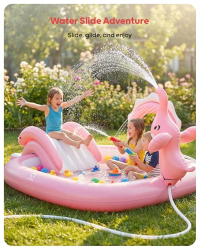 QPAU Elephant Kids Pool with Slide and Sprinkler, Inflatable Play Center with 4 Rings, 72 × 64 × 37 in, Fast Inflation Kiddie Pool for Garden & Backyard, Birthday Gift for Ages 1+ (Pink)
