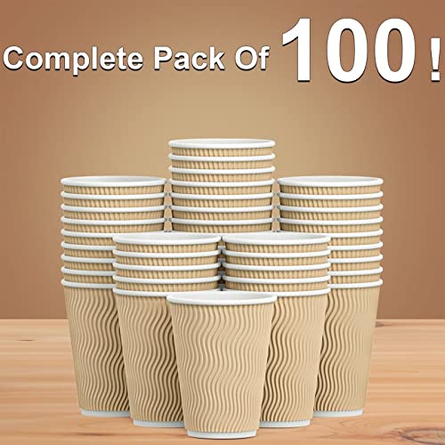Hot Paper Cups_12 oz Disposable Insulated Corrugated Sleeve Ripple Wall Paper Cup 100 pcs,12oz Cups for Drink,Hot Coffee Cups (Brown)