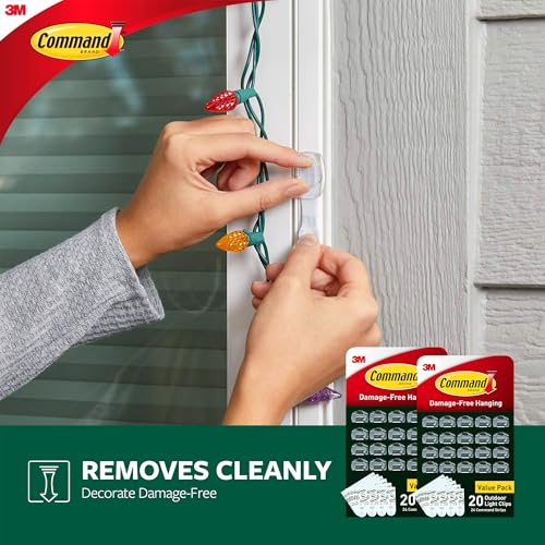 Command Outdoor Light Clips, 40 Clear and 48 Strips, Damage Free Hanging with Weather Resistant Strips, Wall Clips for Hanging Outdoor Lights and