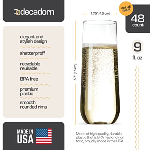 DECADORN Clear Stemless Champagne Flutes Plastic 48 Pack, Made in USA, 9oz Plastic Champagne Glasses - Durable and Sturdy Mimosa Glasses For Parties - Shatterproof, Recyclable, BPA-Free, Smooth Rims